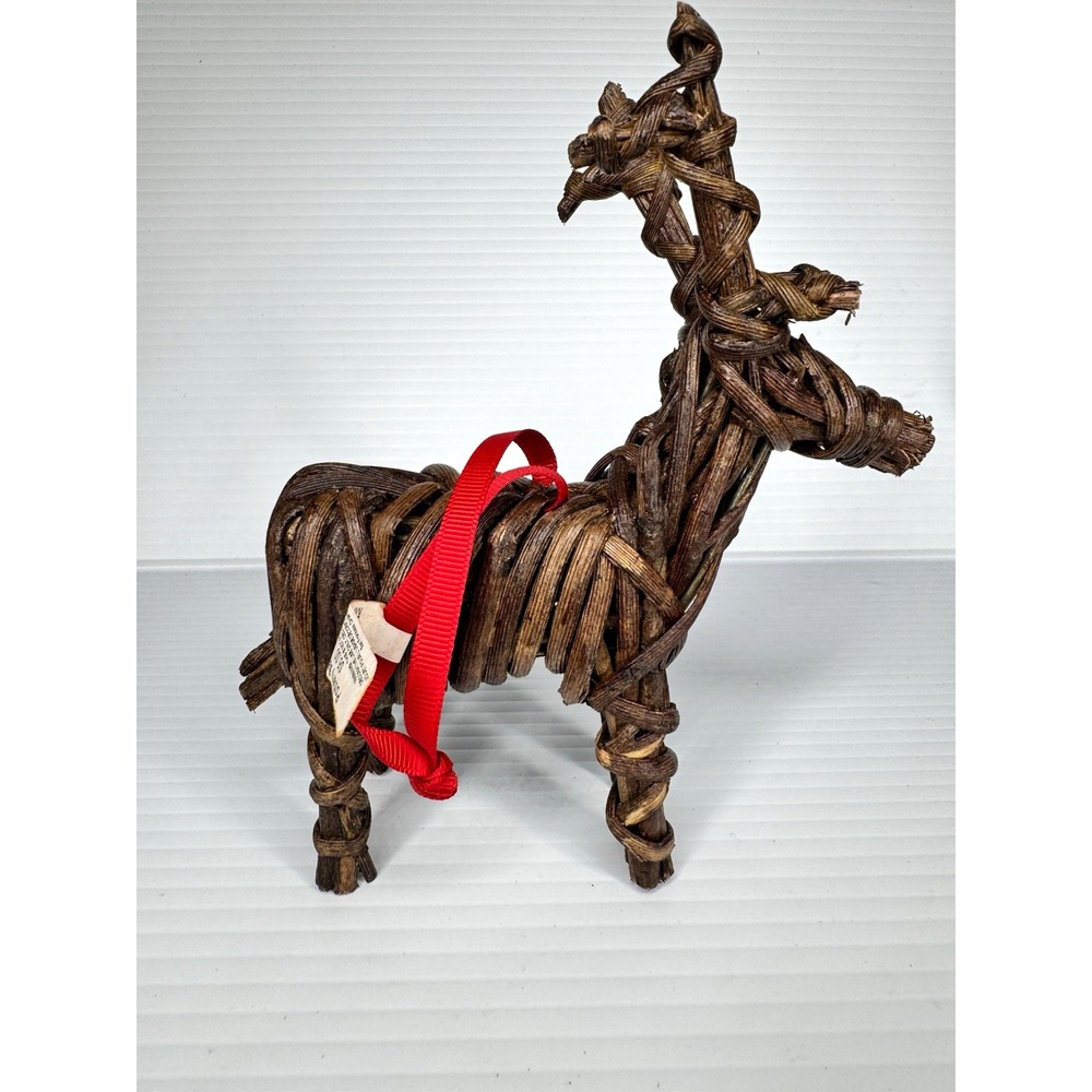 Pottery Barn NWT Woven Wood Reindeer Christmas Ornament Brown Hanging 7" Rustic